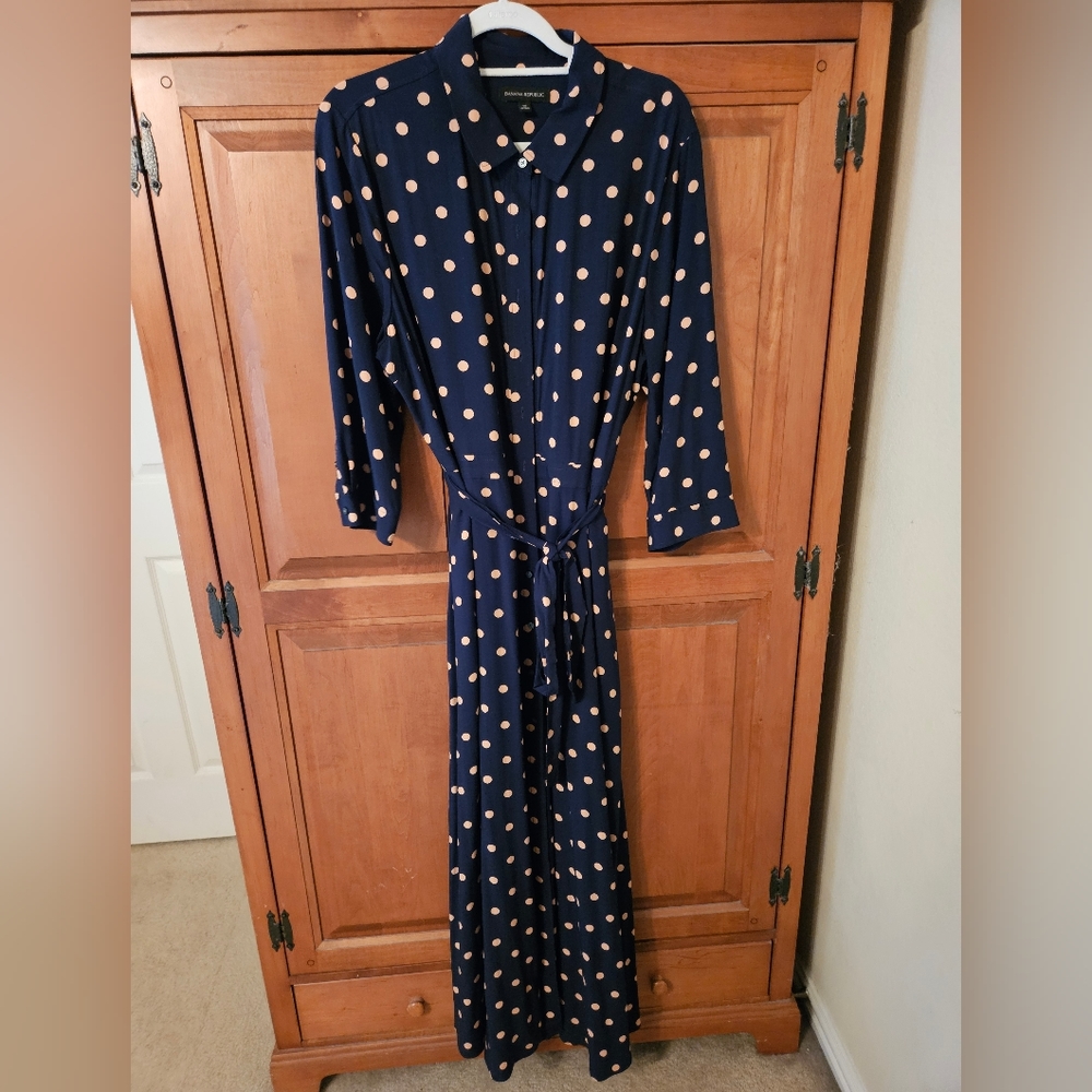 Banana Republic navy maxi dress with beige polka dots